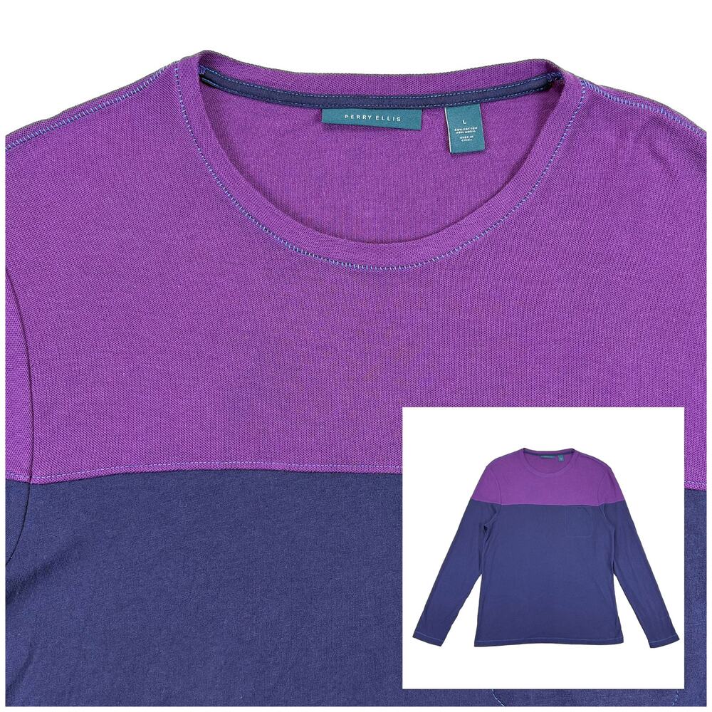 Perry Ellis Colorblock Long Sleeve Shirt Men L Purple Navy Modal Soft Tee